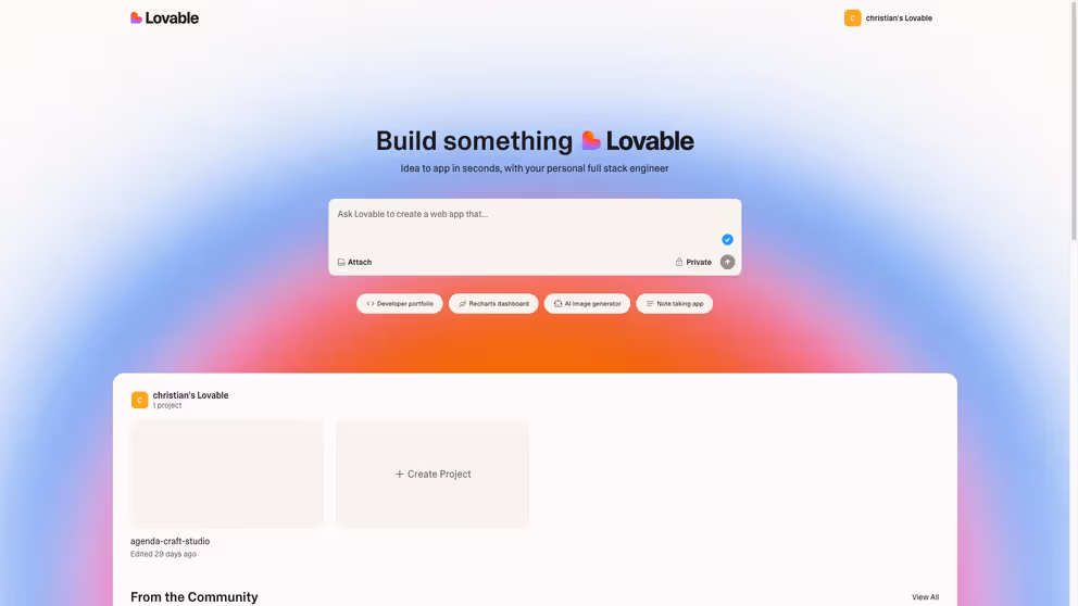 Lovable Screenshot Screenshot der Start-Oberfläche der Loveable App