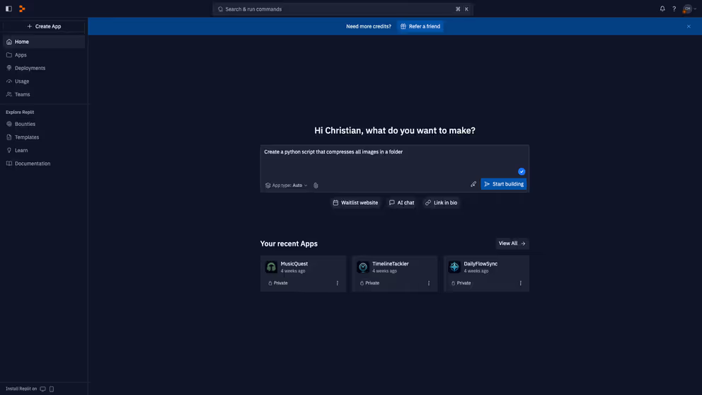 Replit.com Screenshot des Replit Dashboards