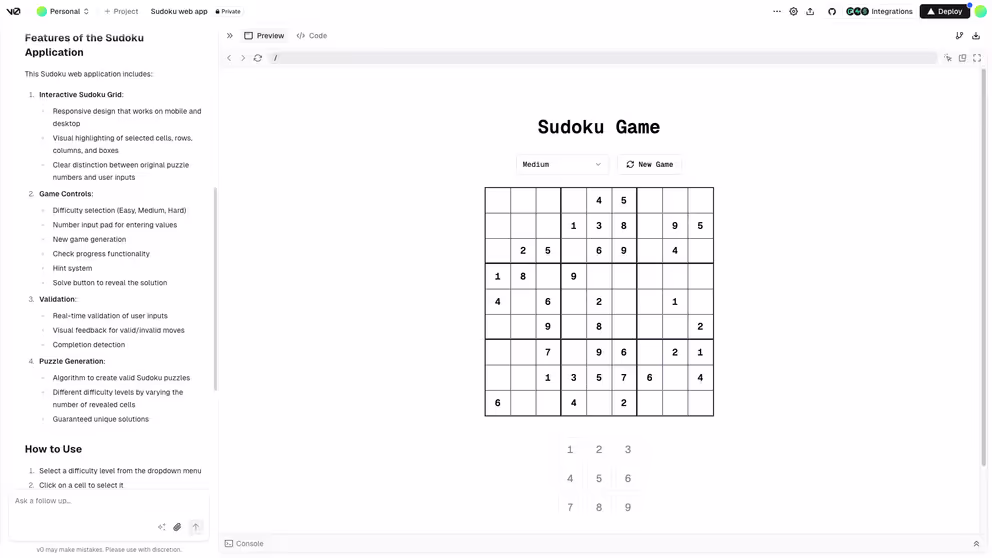 Vercel v0 Screenshot einer Sudoku App, die in Vercel v0 entwickelt wurde