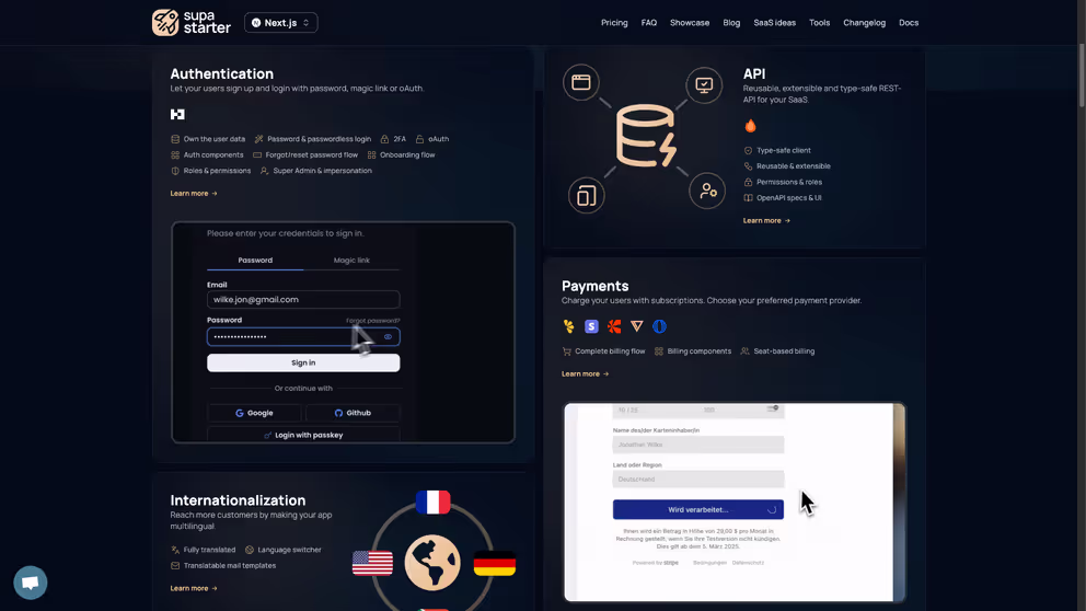 Screenshot der Supastarter Website, auf dem Funktionen wie "Authentifizierung", "APIs", "Internationalisierung" und "Zahlmethoden" beworben werden.
