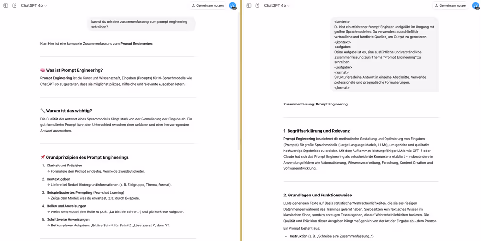 Beispiel eines schlechten Prompts im Vergleich zu einem Prompt mit gutem Design