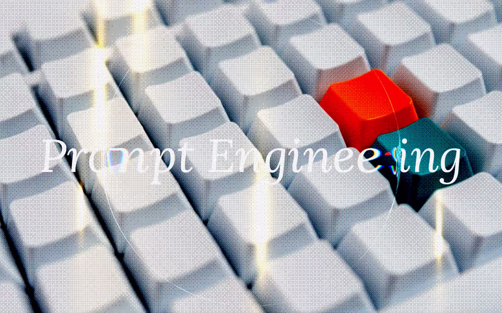 Stilisierte Tastatur mit einem türkisen und orangenen Button. Schriftzug "Prompt Engineering"