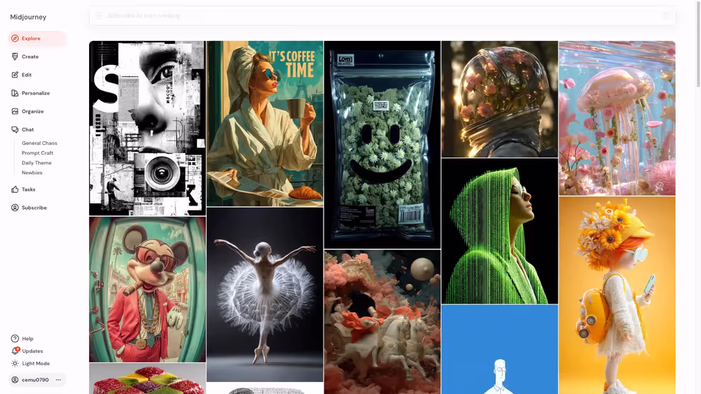 Screenshot der Midjourney Exploration Page mit Text-to-Image Beispielen