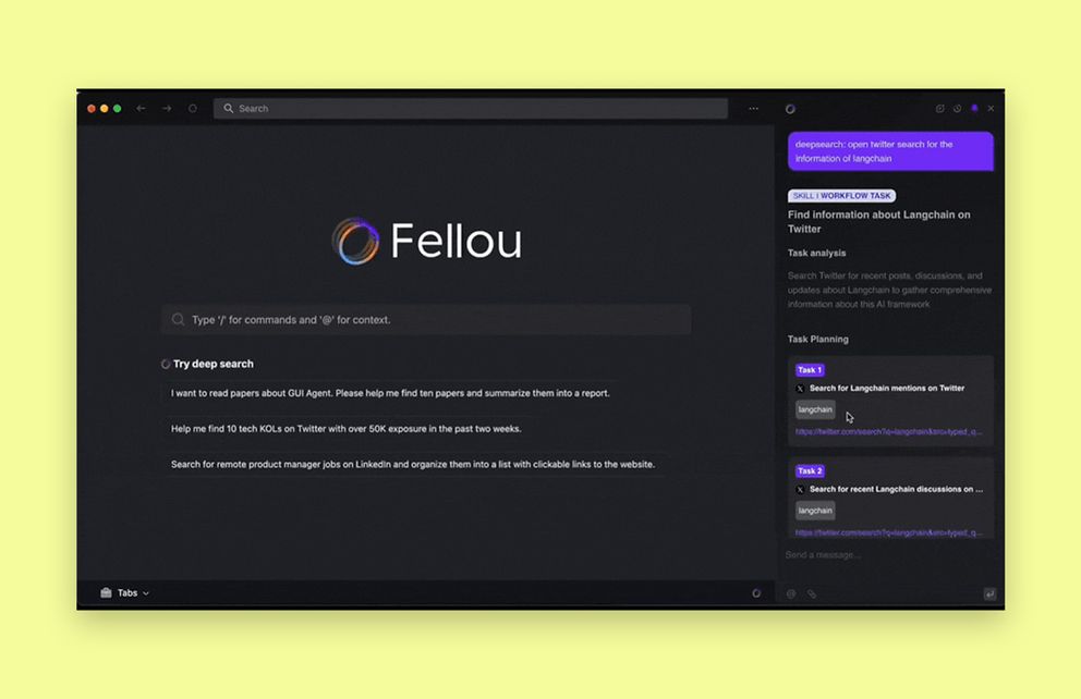 Screenshot des Fellou AI Browsers