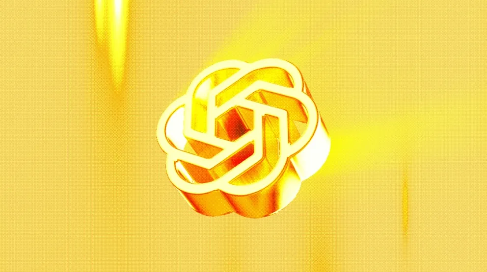 Goldenes ChatGPT Logo auf gelben Hintergrund mit Dithering Effekt