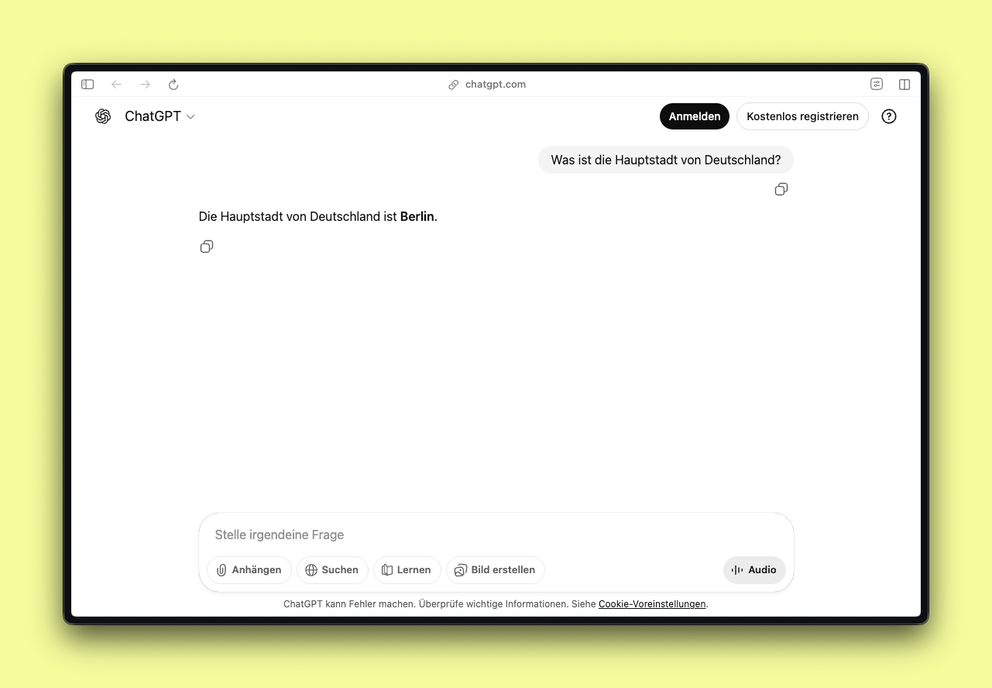 Screenshot von ChatGPT mit einem einfachen Prompt: "Was ist die Hauptstadt von Deutschland?"