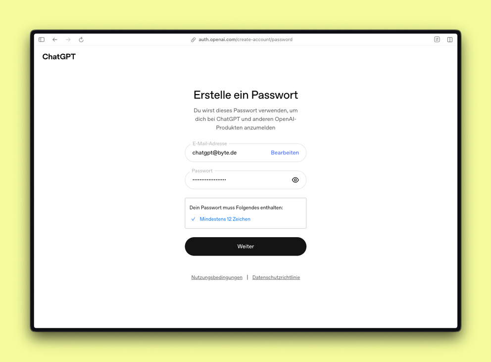 Screenshot der Passworteingabe bei ChatGPT