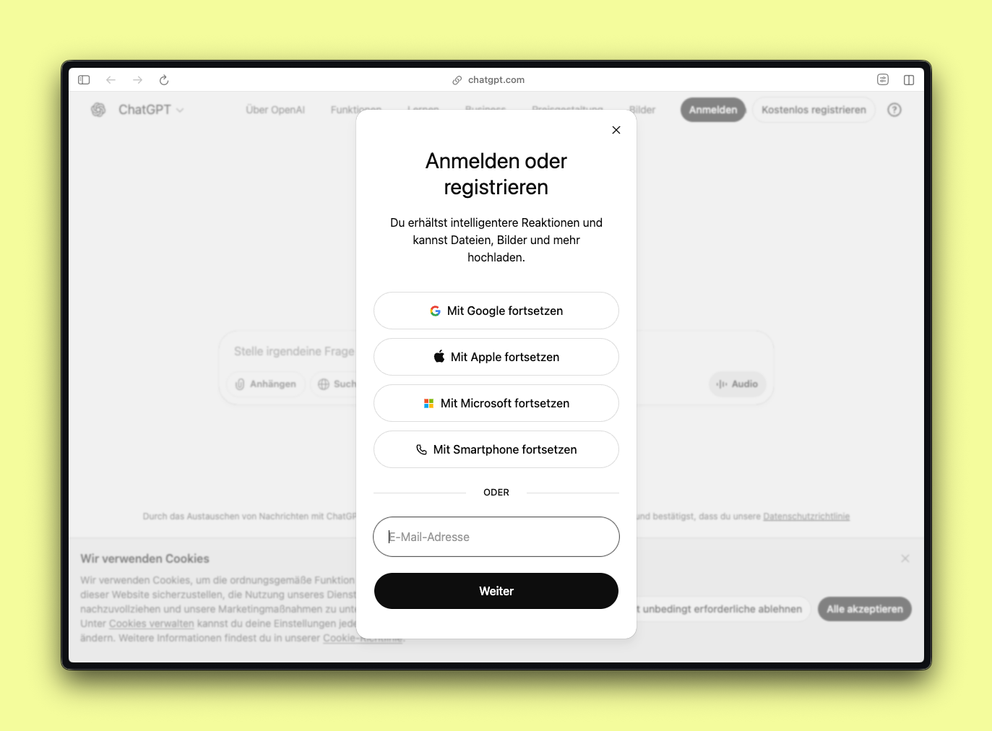 Screenshot der Registrierung bei ChatGPT
