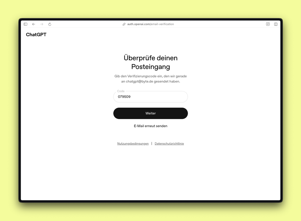Screenshot der Eingabe vom Verifizierungscode in ChatGPT