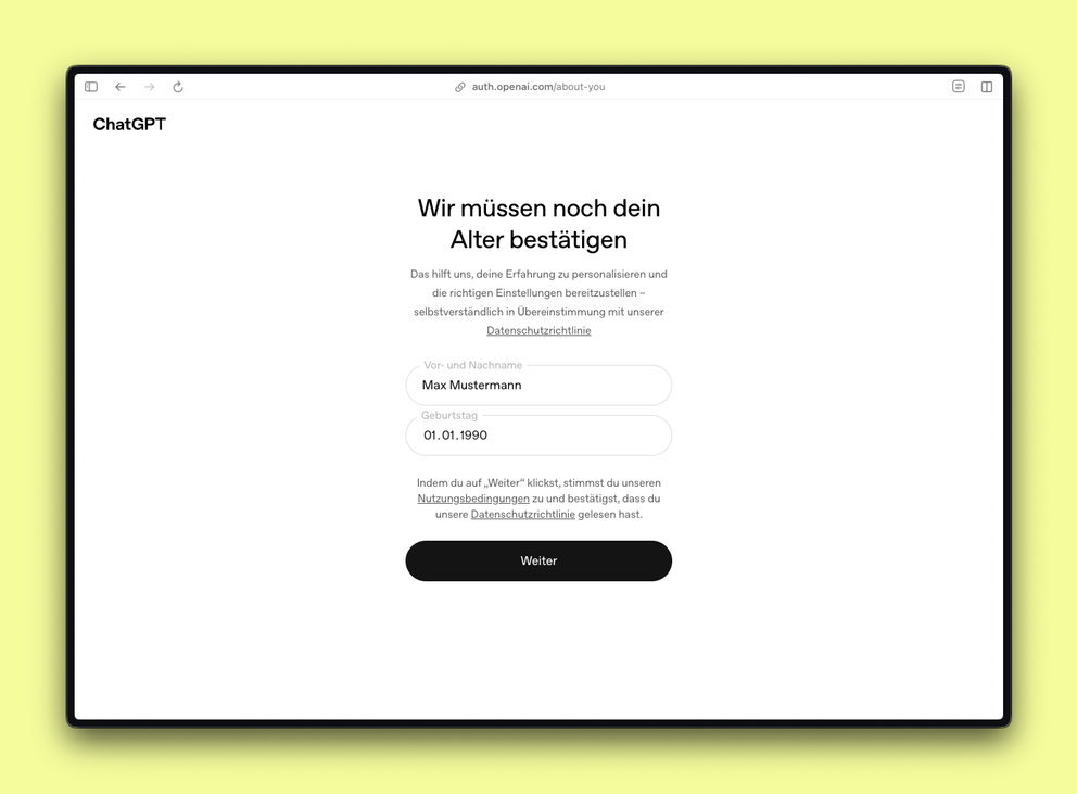 Screenshot der Profileingabe in ChatGPT