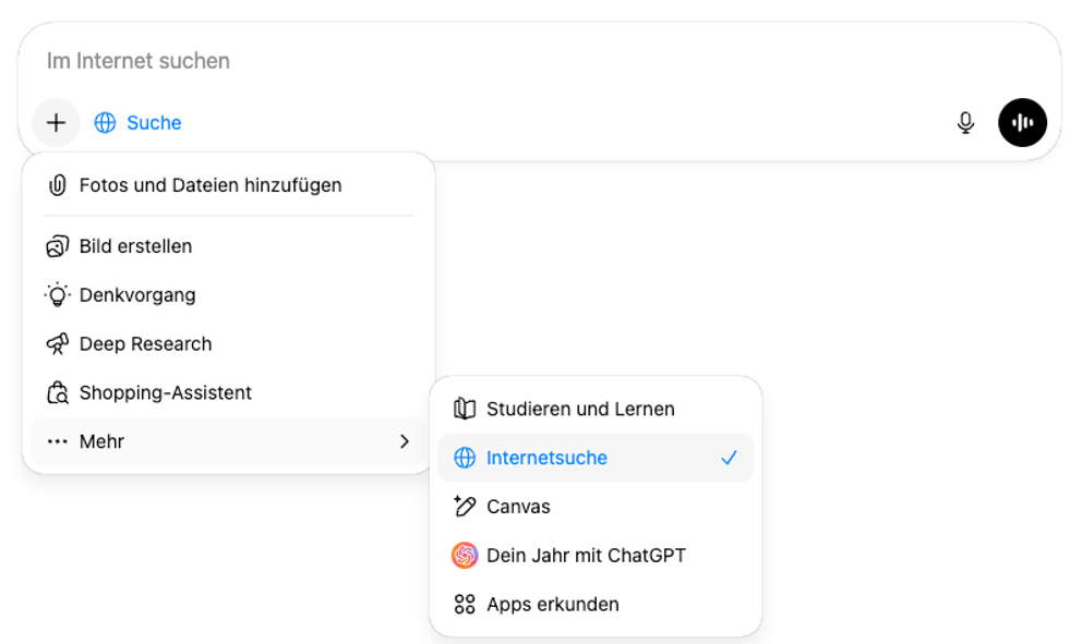 Screenshot der Option für die Websuche in ChatGPT