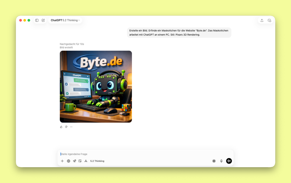 Screenshot von ChatGPT. ChatGPT hat als Antwort auf einen Prompt ein 3D Maskottchen für die Website Byte.de generiert.