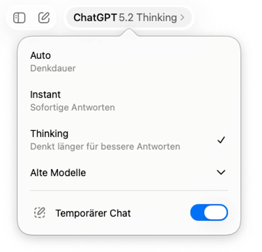 Screenshot der Einstellungsmöglichkeit eines Temporären Chats in ChatGPT