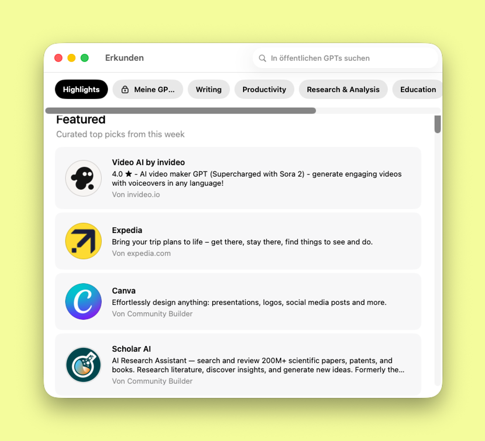 Screenshot vom Custom GPT Store