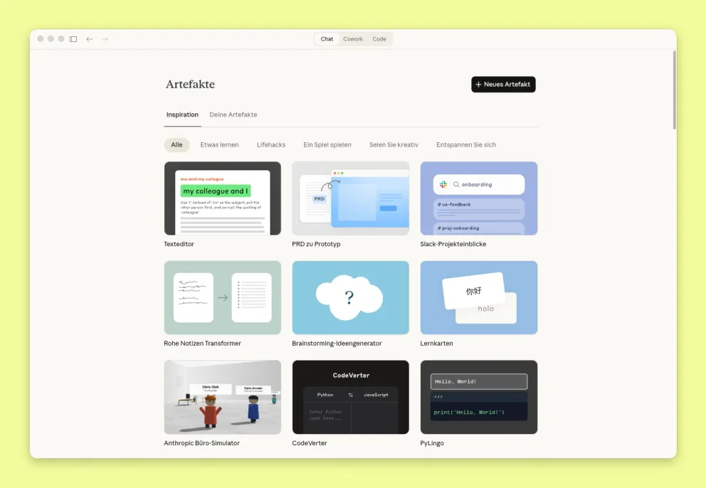 Übersicht von Claude Artifact Beispielen von Anthropic
