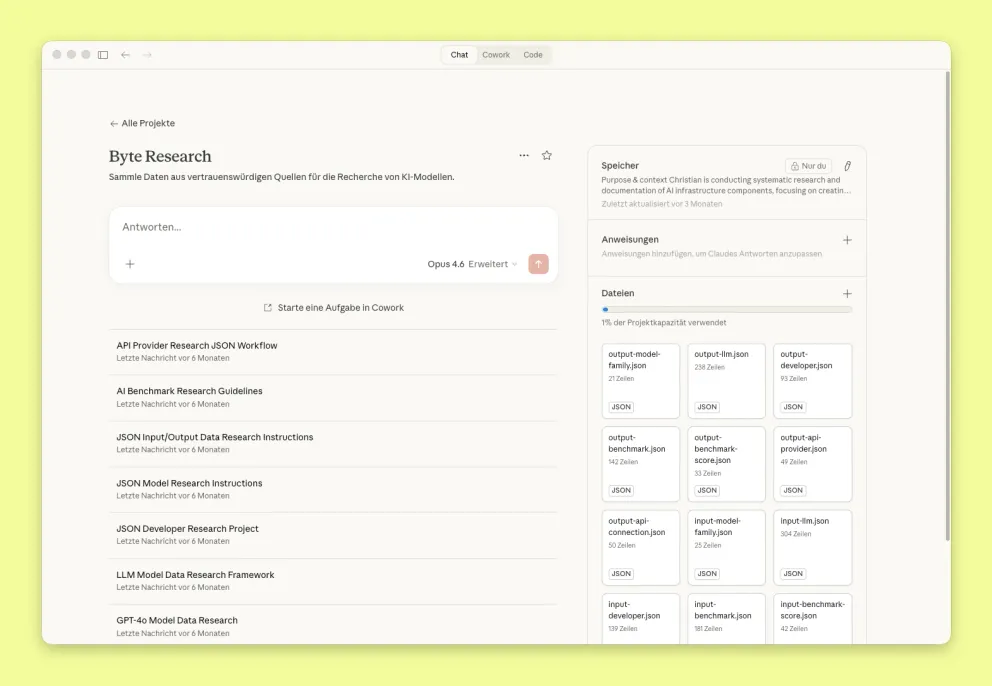 Screenshot eines Claude Projects, das bei Byte.de zum Recherchieren von KI-Modellstatistiken verwendet wurde