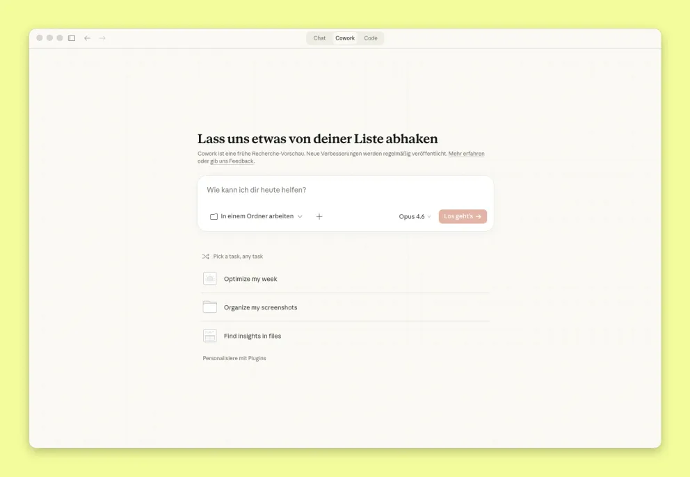 Screenshot der Oberfläche von Claude Cowork