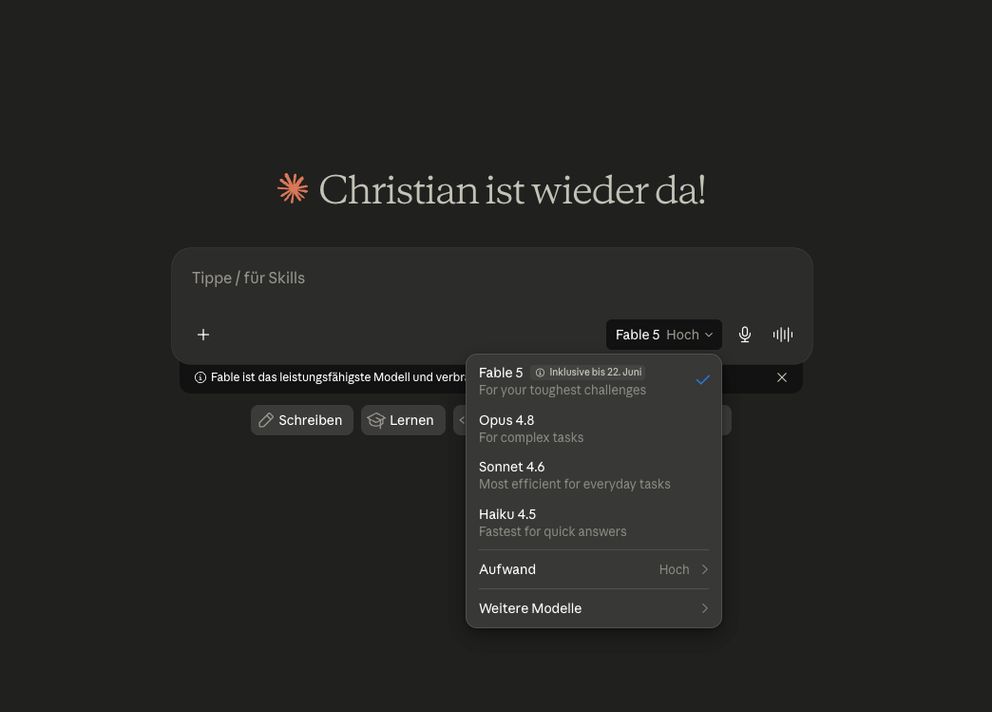 Screenshot der Modellauswahl in der Claude AI App mit dem neuen Fable 5 Modell