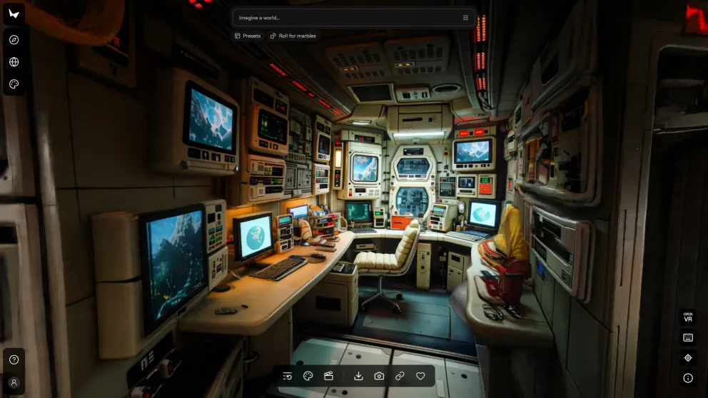 Screenshot einer interaktiven Welt aus Marble von WorldLabs.ai Screenshot aus einem Marble World Model, das einen Raum auf einer Space-Station darstellt