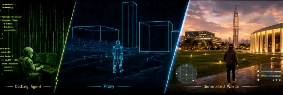 Die Ausgabe von Code World Models entsteht durch den Output eines Coding Modells ("Proxy-Video") kombiniert mit einem visuellen Video-Gen-Modell.